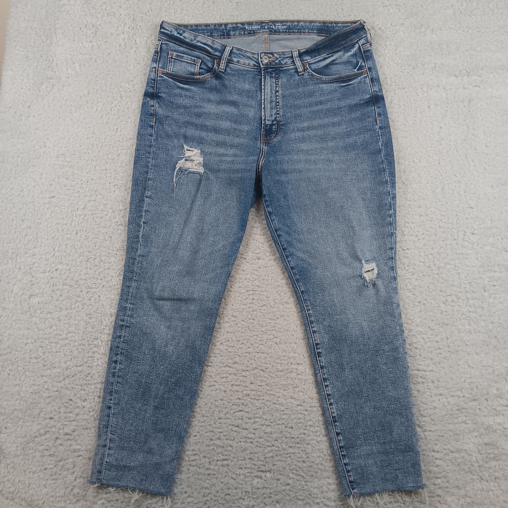 Old Navy Jean O.G. Straightโ Women 16 Blue Distressed High Rise Extra Stretch